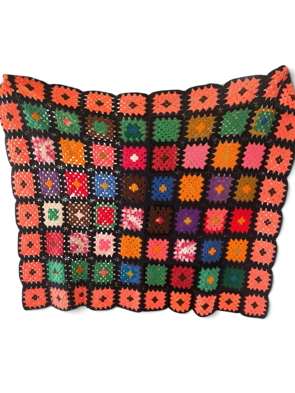 Vintage Granny Square Crochet Afghan Blanket Colorful Black Retro Boho 60x54 - Picture 2 of 6